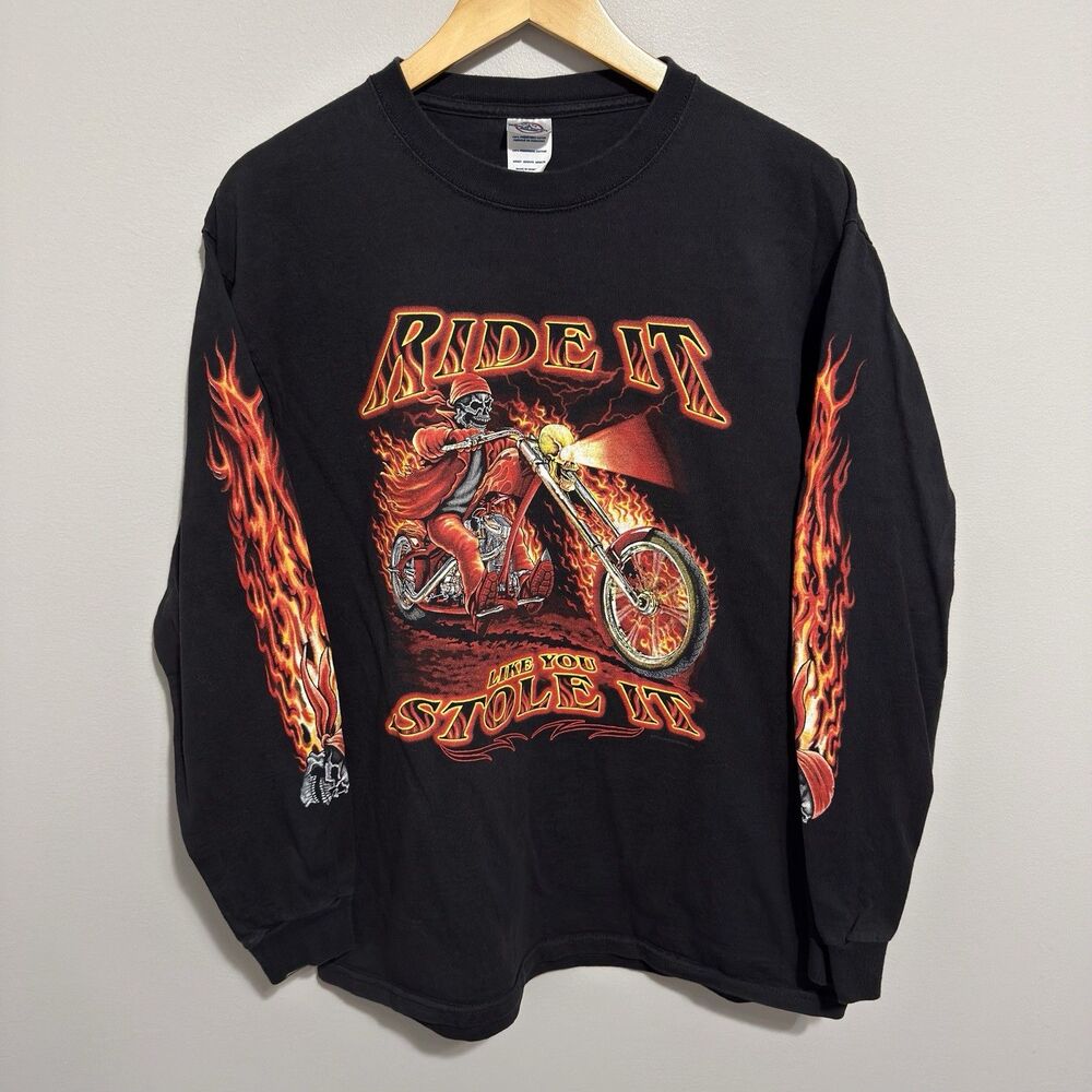 Vintage Y2K Biker Tee Long Sleeve T-Shirt Flames Skeleton Grunge Graphic Large
